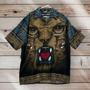 ZAM Shirt Mens Size Medium Tiger Lion Print Anime All Over Rayon Button Up